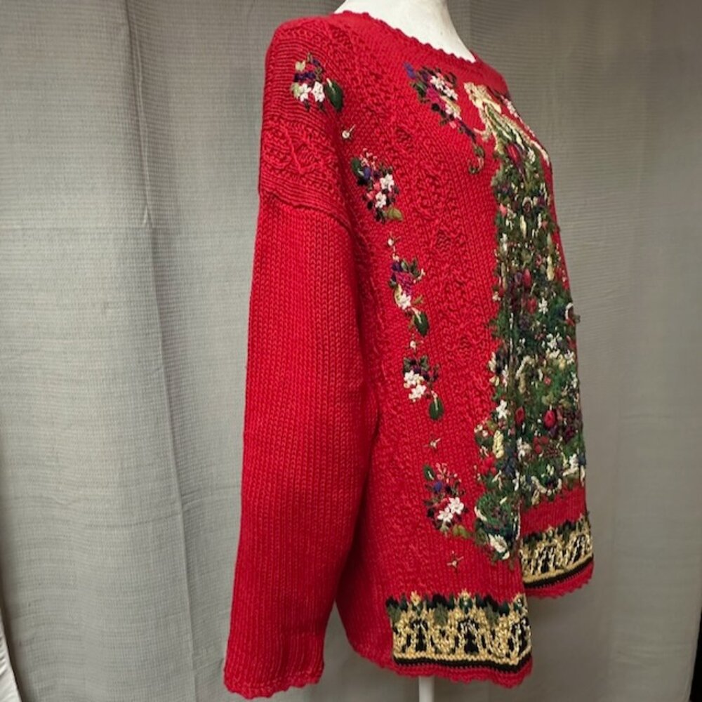 Red Christmas Tree Sweater Tunic, Embroidered,   Tiara International Size L - Picture 6 of 13